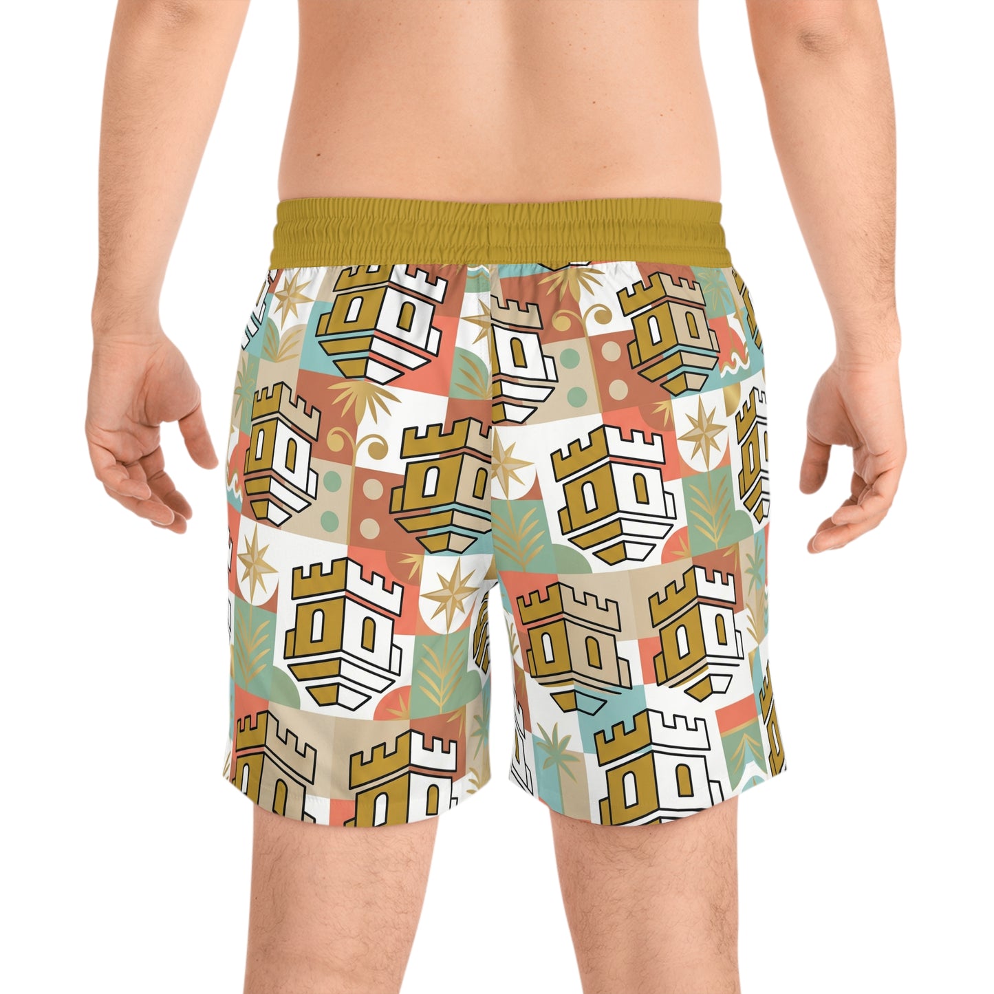 Retro Coastal Blockhouse Pattern Swim Shorts – Men's Mid-Length Beach Trunks