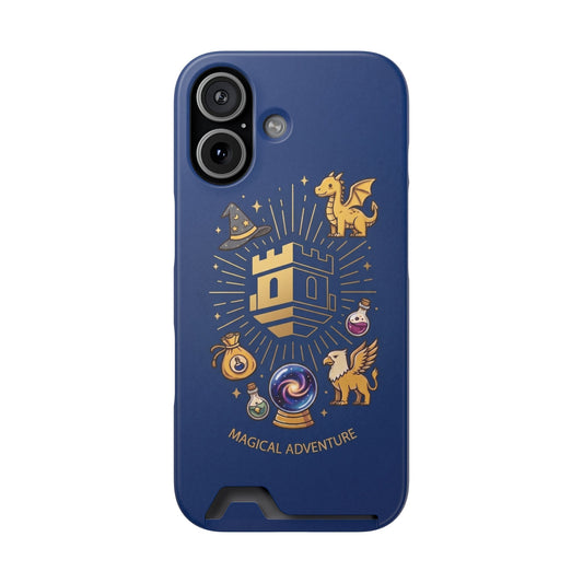 Magical Adventure Phone Case with Card Holder with Blockhouse Blue Fantasy Dragon & Potion Design