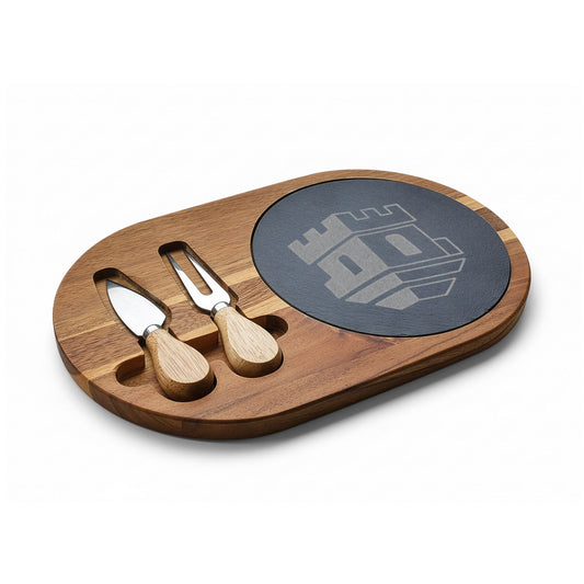 Engraved Blockhouse Charcuterie Board with Slate Insert & Cheese Knives