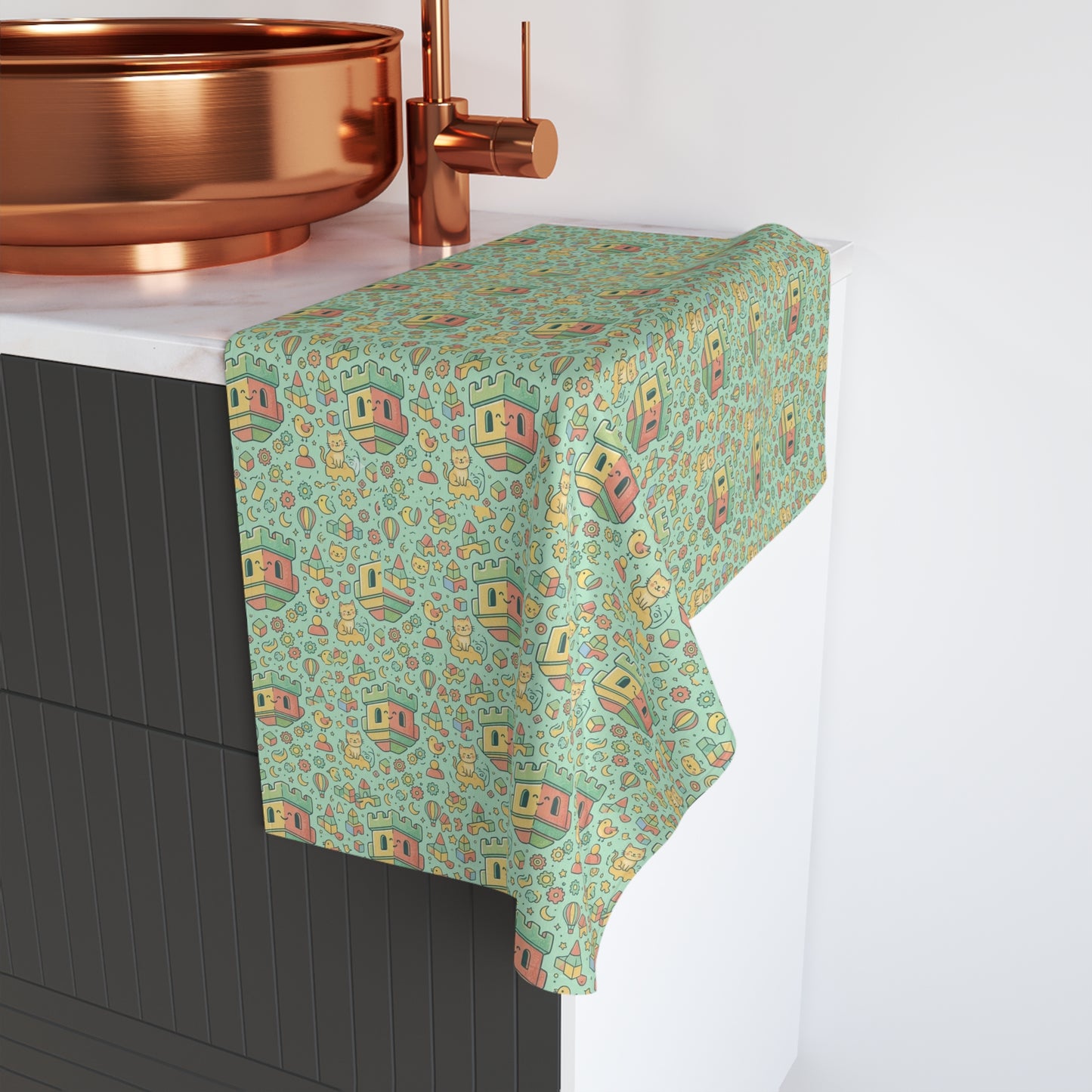 Blockhouse Retro Camper Pattern Hand Towel — Vintage RV & Floral Kitchen Towel