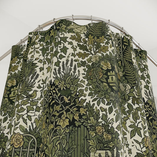 Blockhouse Shower Curtain - Vintage Botanical Garden Pattern, Green Floral Bathroom Decor