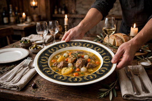 Damask Tower bowl filled with stew, served at a candlelit rustic table