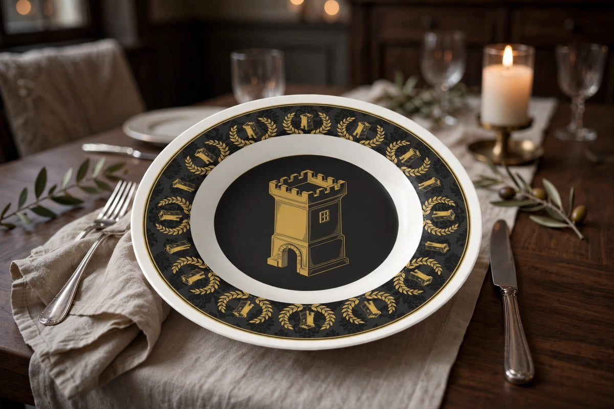 Blockhouse Bowl — Damask Tower on a set dining table with linen, cutlery and candlelight