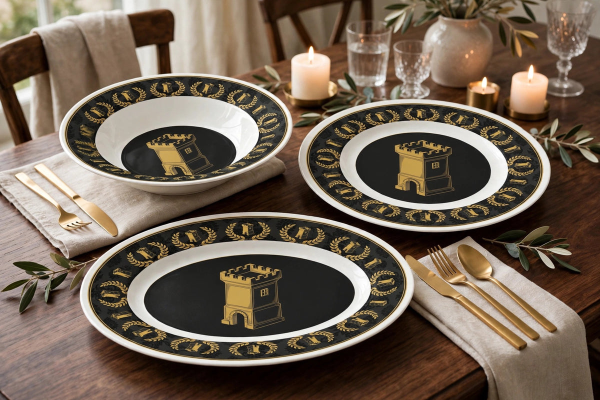 Blockhouse Dinnerware Set — Damask Tower plate, bowl and platter together on a set dining table