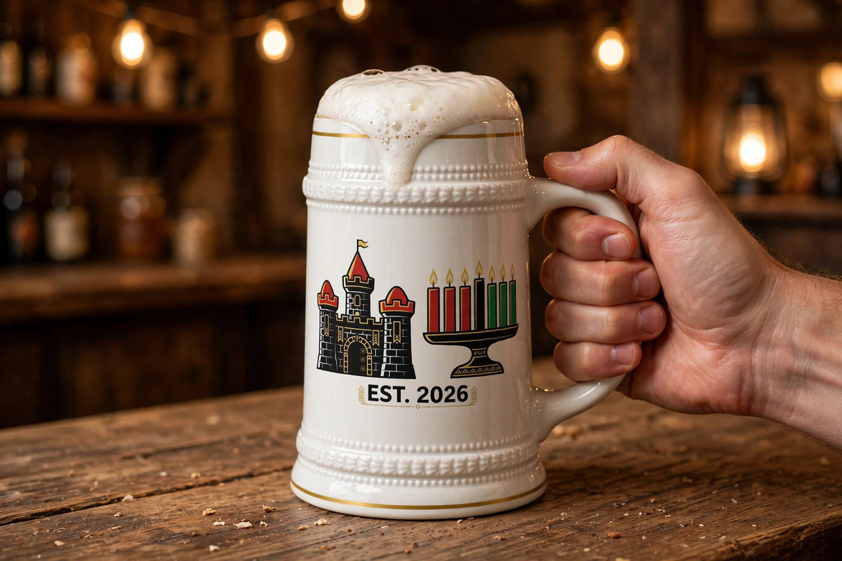 Blockhouse Kwanzaa Castle Beer Stein — modeled photo, held in hand