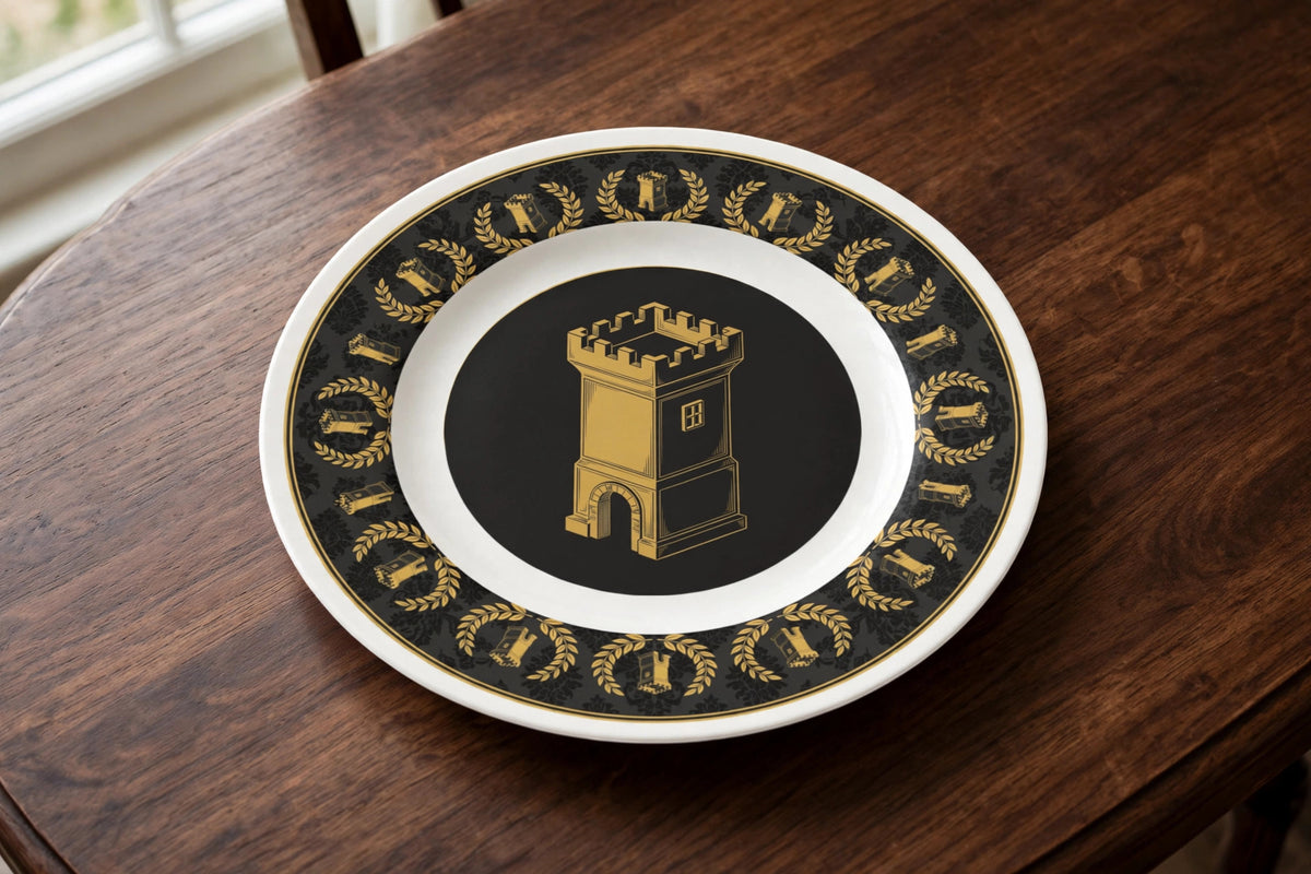 Blockhouse Plate — Damask Tower: 10-inch plate with gold tower medallion and wreath rim band