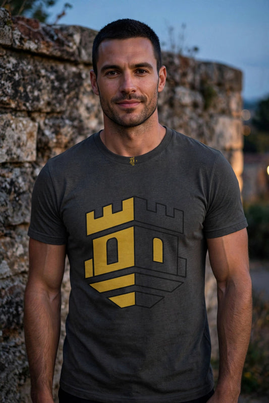 Male model wearing Blockhouse Castle Logo Tee