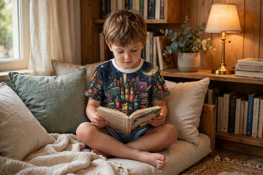 Book Castle at Night — All-Over Print Tee — lifestyle photo
