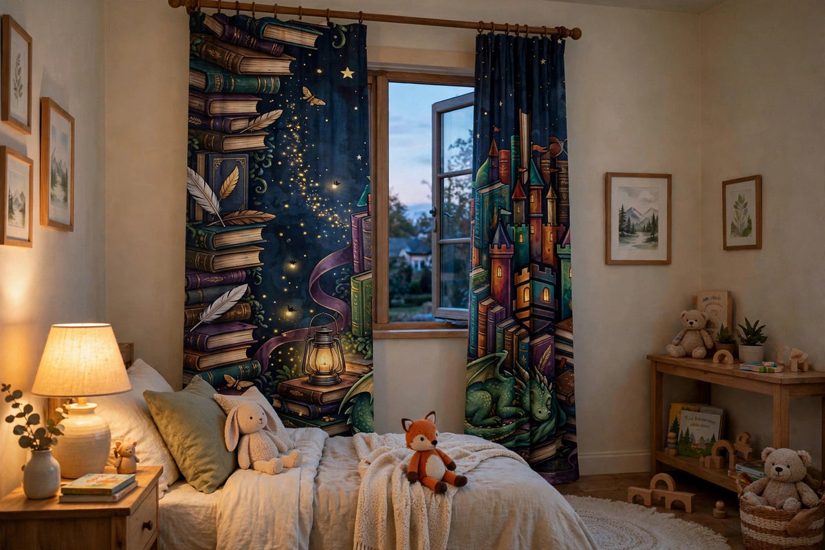 Book Castle at Night curtains with book castle and dragon artwork drawn open beside a child's bed