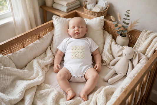 Castle Companions infant bodysuit in white with a storybook castle and animal print, worn in a nursery crib