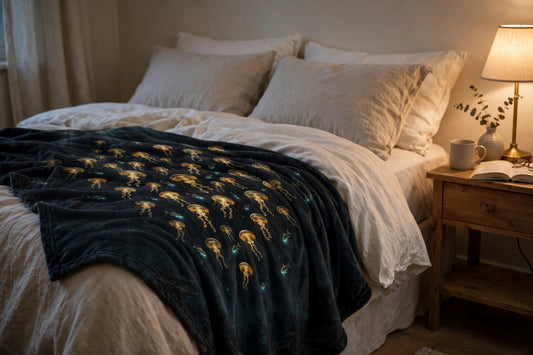 Deep Lanterns blanket with golden jellyfish draped over a bed