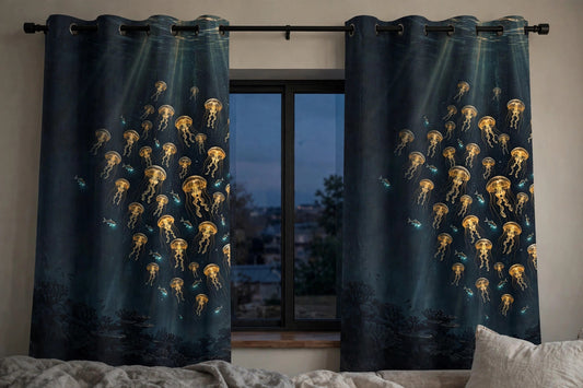 Deep Lanterns curtains with golden jellyfish hanging at a bedroom window