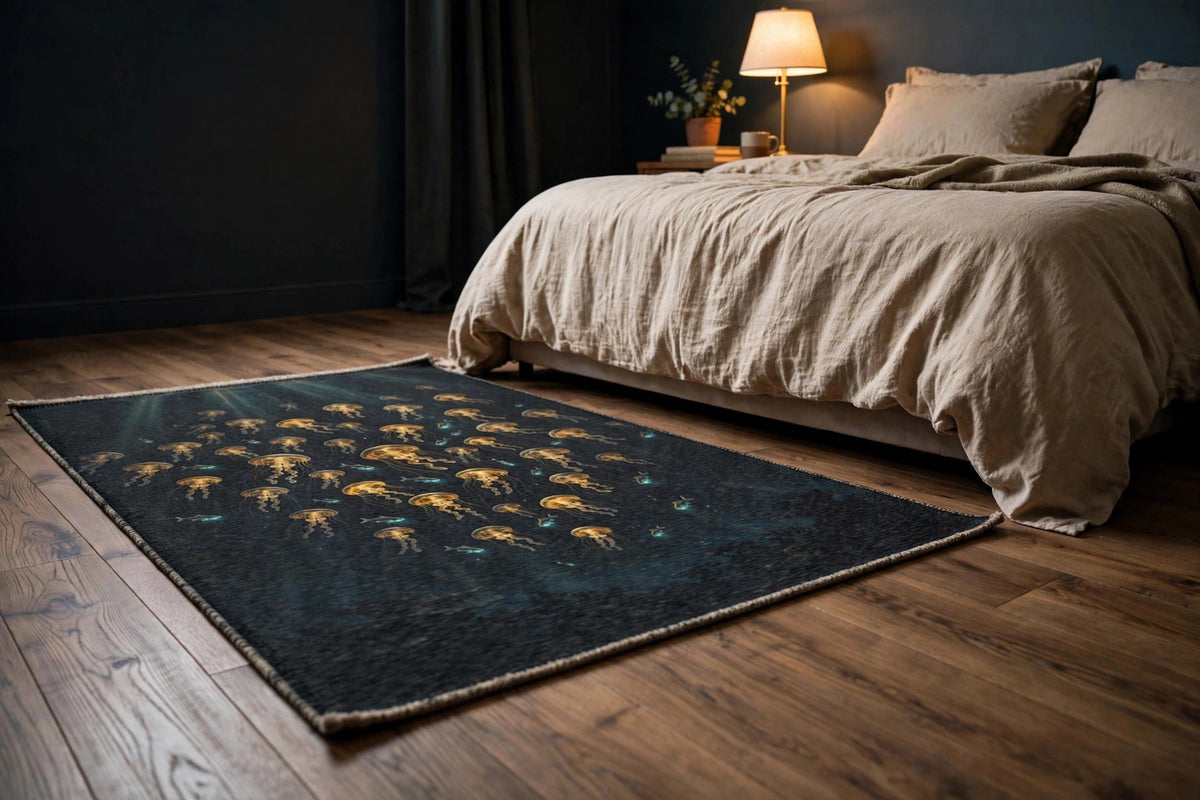 Deep Lanterns flat-printed rug with golden jellyfish artwork beside a bed, low angle