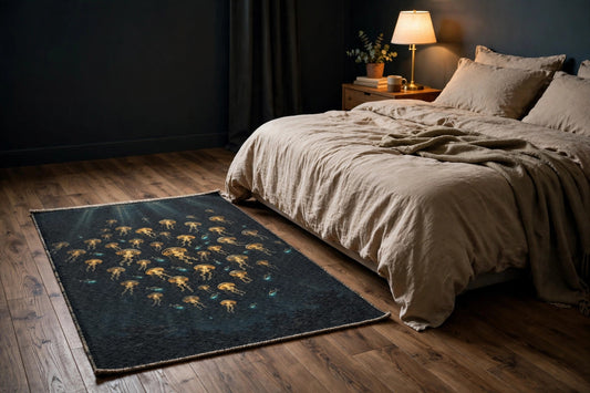Deep Lanterns rug with golden jellyfish on a bedroom floor