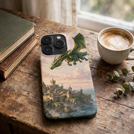 Dragon Guardian premium snap phone case on a wooden table by a window