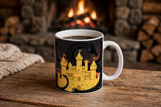 Dragonfire mug filled with coffee on a wooden table in front of a stone fireplace, gold castle and black dragon design