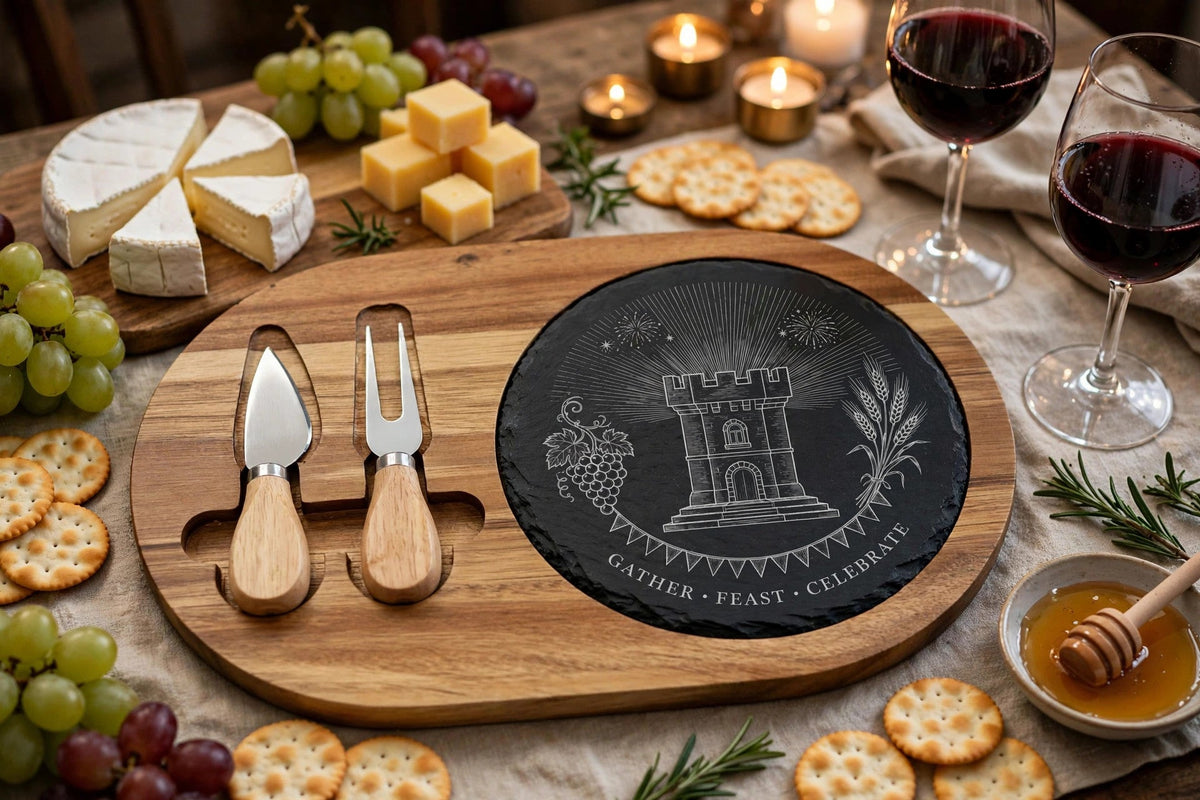 Celebration Edition charcuterie board on a styled table — acacia wood board with dark charcoal slate insert engraved with the Blockhouse tower, grapes and wheat design, cheese and red wine