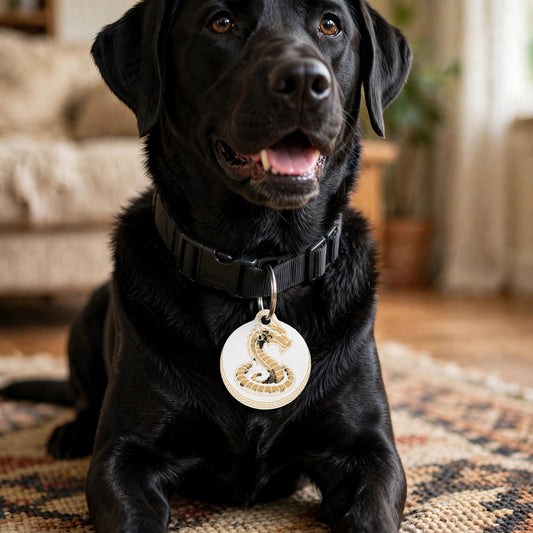 Black Labrador at home wearing the Fáfnir Head Mark pet ID tag on a black collar