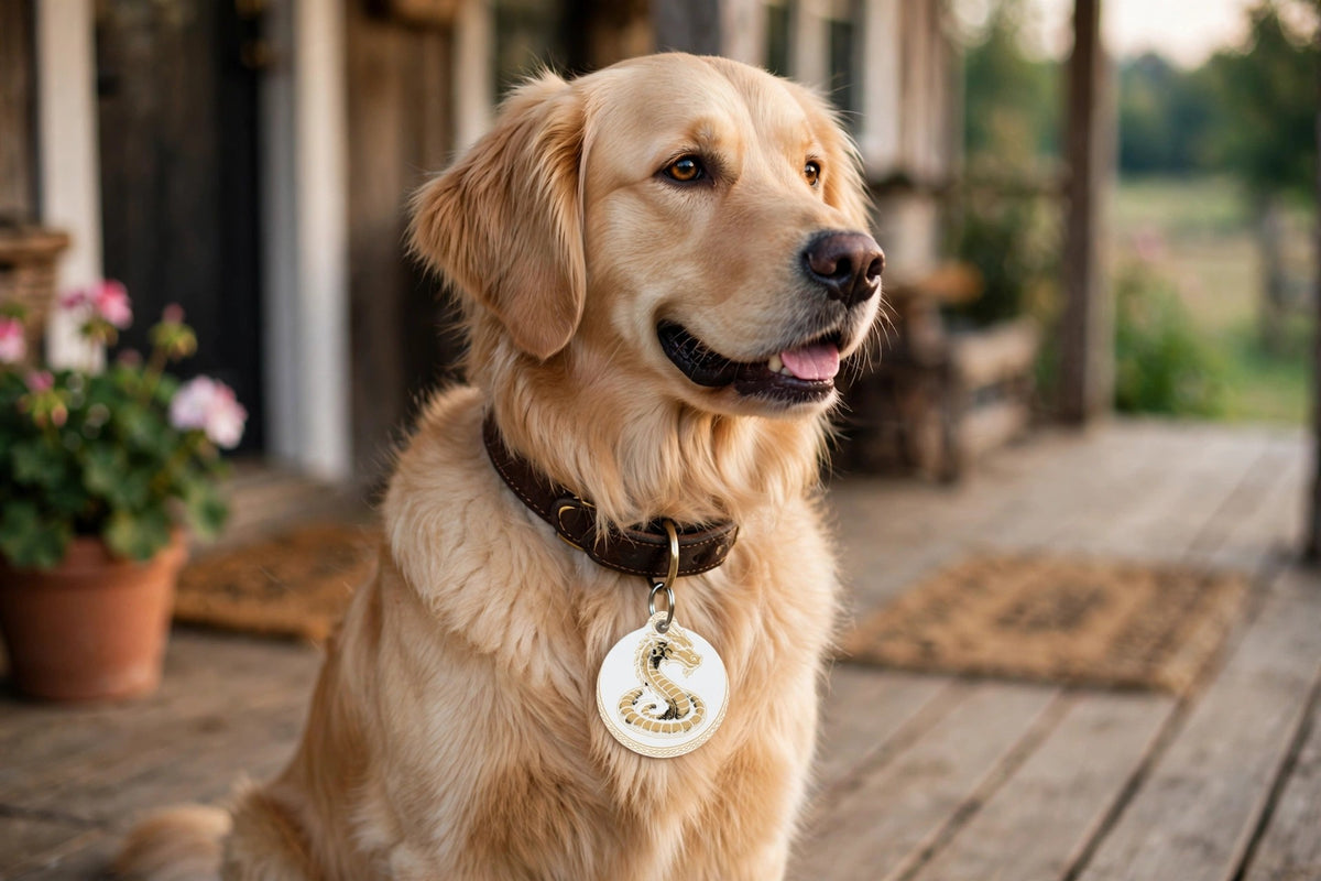 Golden retriever on a farmhouse porch wearing the Fáfnir Head Mark pet ID tag on a leather collar
