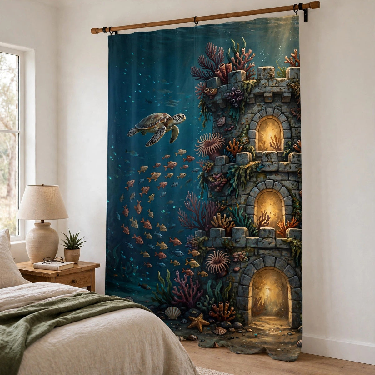 Fortress Reef curtains with an underwater coral tower scene hanging at a bedroom window beside a bed