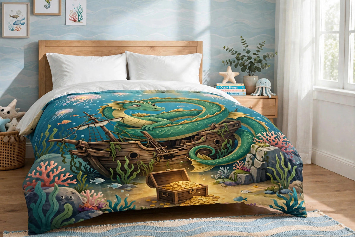 Guardian of the Reef duvet cover with sea dragon artwork draped over a child's bed, close view