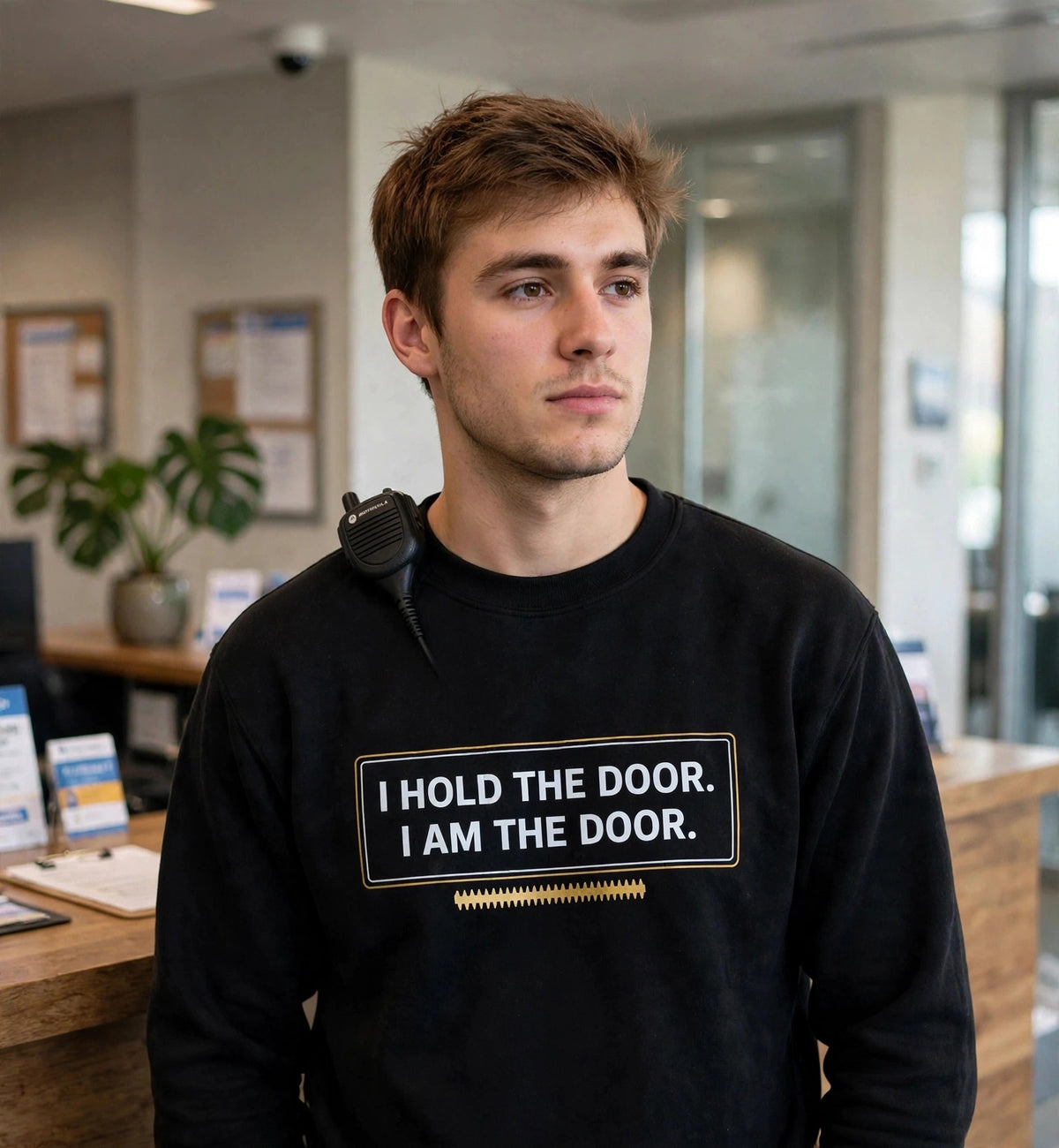 Young man modeling the black I Am The Door sweatshirt at an office reception, boxed print I HOLD THE DOOR. I AM THE DOOR. fully visible