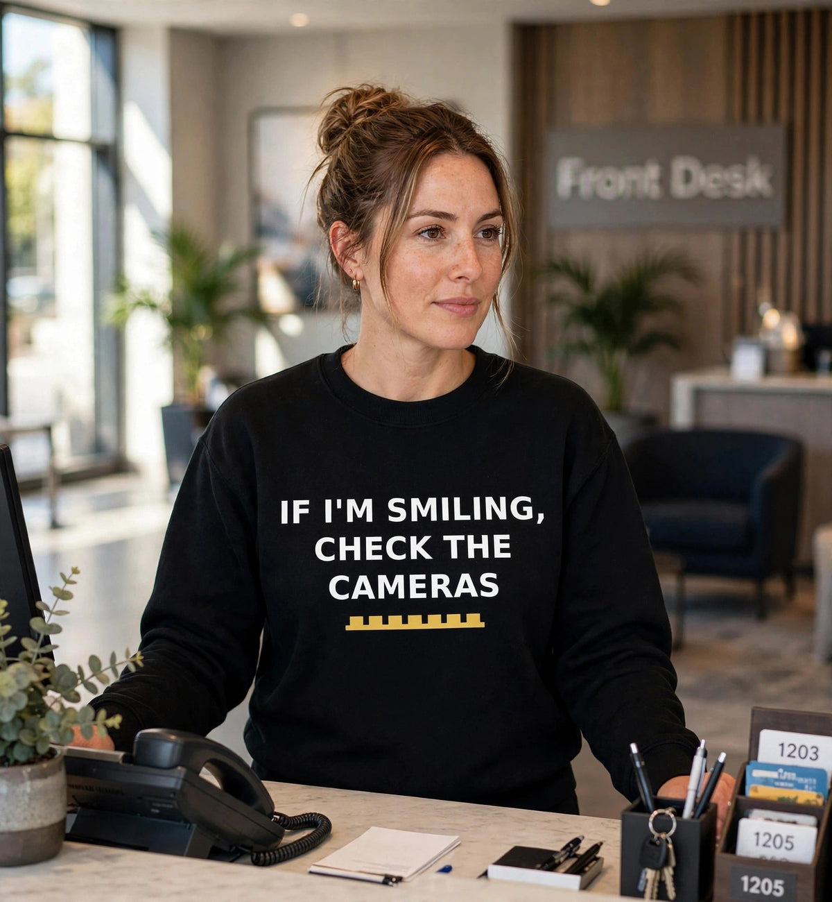 Woman modeling the black If Im Smiling sweatshirt at a hotel front desk, white print IF I'M SMILING, CHECK THE CAMERAS with gold battlement strip fully visible