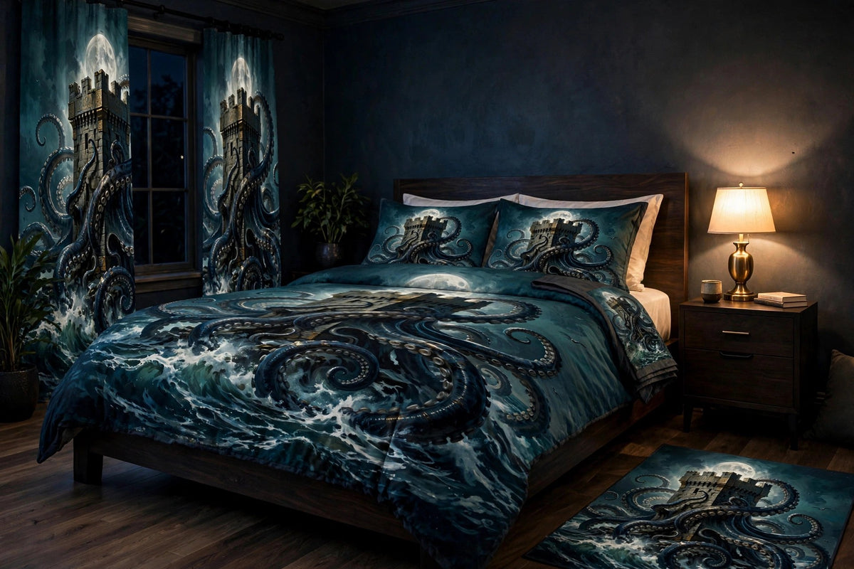 The Kraken's Embrace complete bedroom set in a bedroom seen from a closer angle, with the printed duvet, pillow shams, curtains and rug