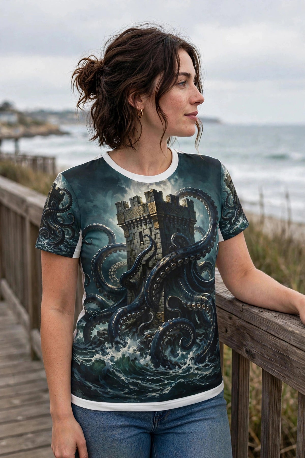 Woman on a seaside boardwalk wearing the Kraken's Embrace all-over print tee, three-quarter view