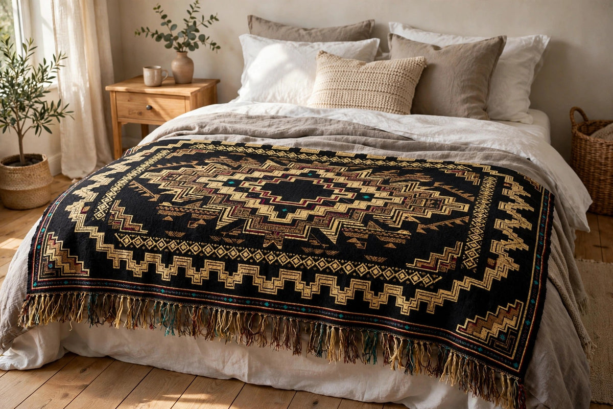 Aztec Diamond woven blanket laid across the foot of a bed — black and antique gold woven medallion design, 100% cotton with fringe