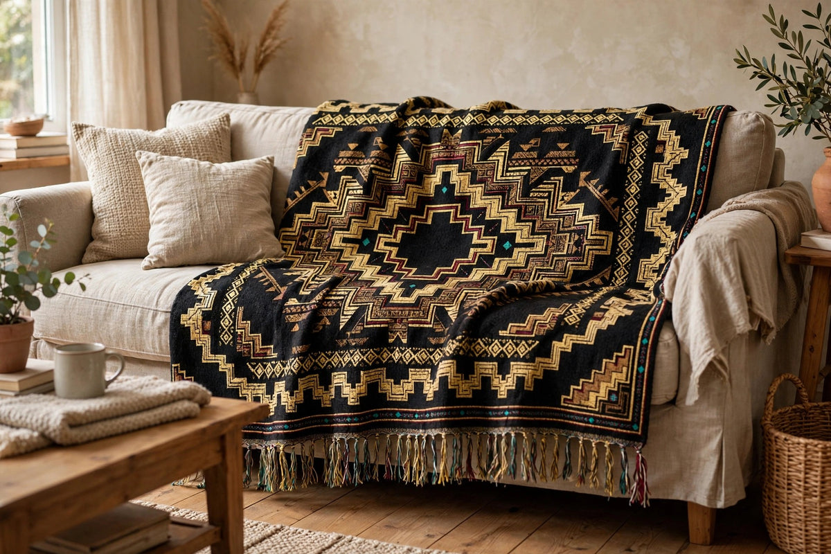 Aztec Diamond woven blanket draped over a linen sofa — black blanket with antique gold stepped diamond medallion, teal and burgundy accents, woven cotton with colorful fringe