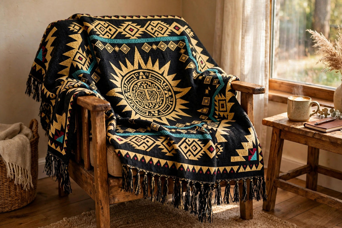 Aztec Sun woven blanket draped over a wooden armchair by a window — gold sun medallion, woven cotton with fringe
