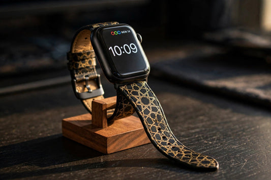 Meridian Tiles Apple Watch strap on a wooden watch stand