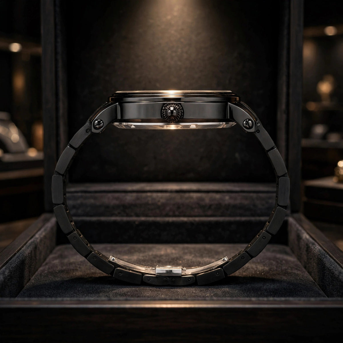 Meridian Watch — side profile in presentation case
