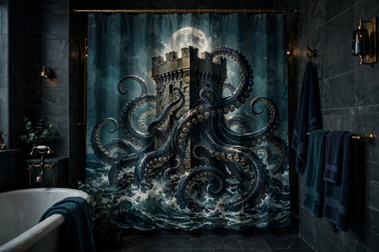 The Kraken's Embrace — Shower Curtain — view 2: shower curtain hanging in a dark tiled bathroom, kraken tentacles wrapping a stone tower under a full moon