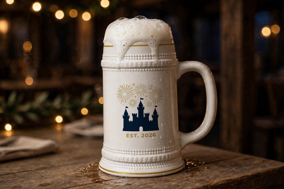 New Year's Castle beer stein filled with foaming beer on a tavern table at night, castle and fireworks design with EST. 2026