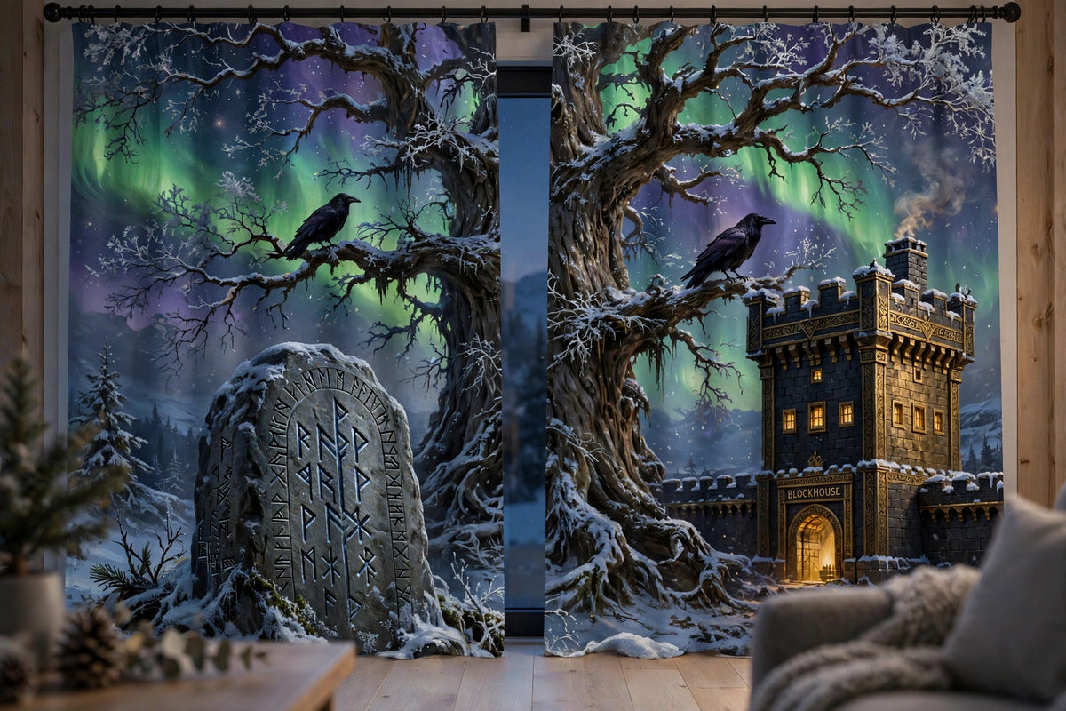 Yggdrasil at Yule, Blockhouse curtains hanging at a window in a cozy winter living room