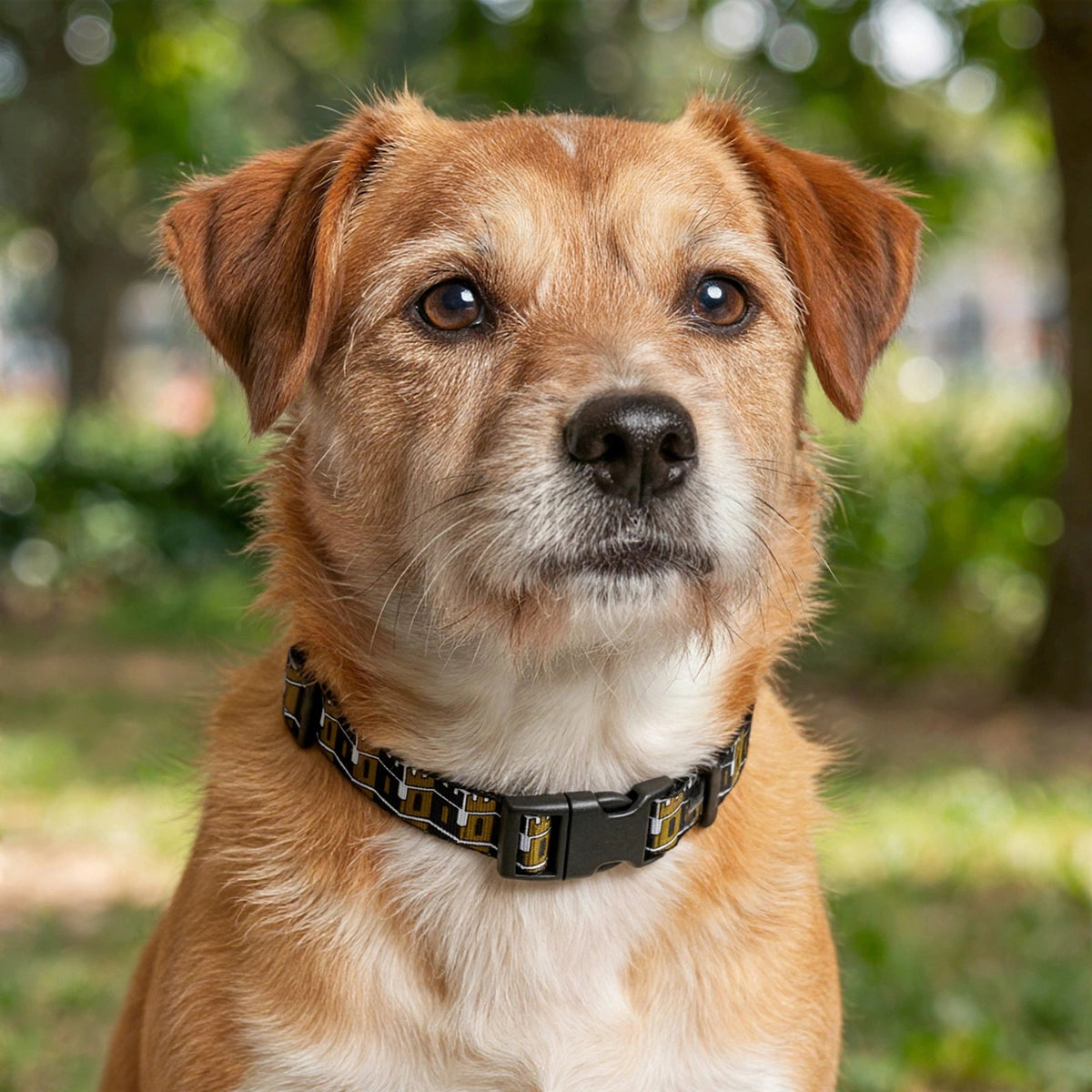 A dog wearing the black and gold Perimeter collar outdoors, showing the tower pattern around its neck.