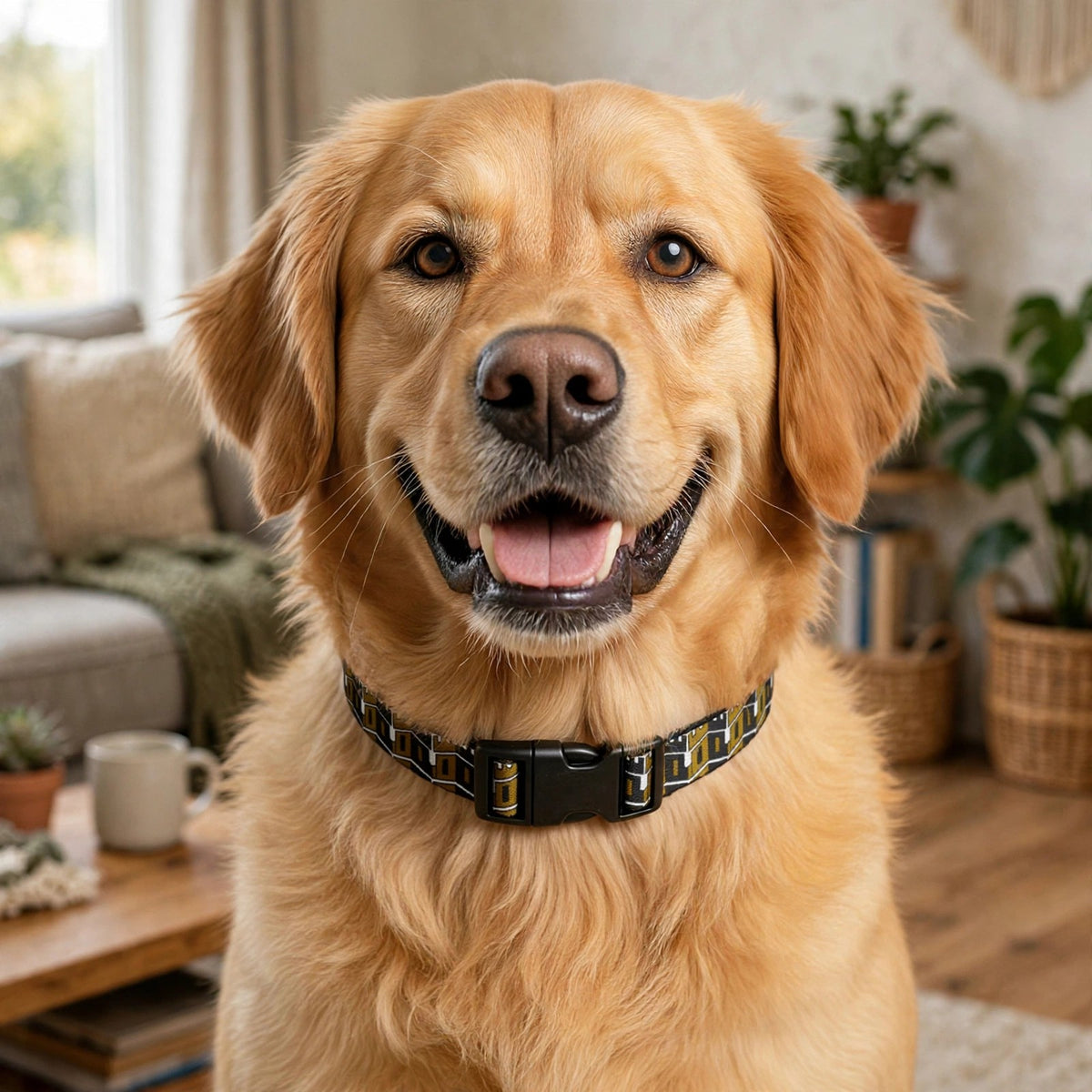 A golden retriever wearing the black and gold Perimeter collar in a living room.