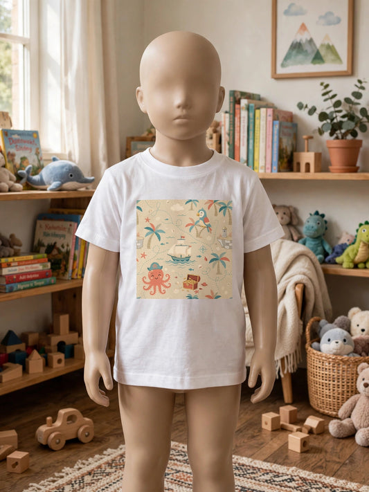 Pirate Cove toddler tee in white with a pirate octopus and treasure print, worn by a child mannequin in a child's bedroom