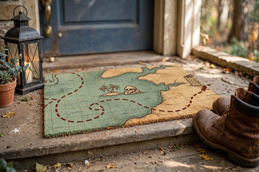 Low angled view of the vintage pirate treasure map doormat on a stone porch step beside boots and a lantern