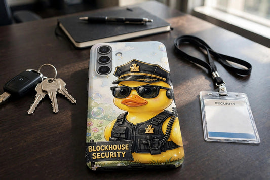 Rubber Duck Security premium tough phone case on a security desk