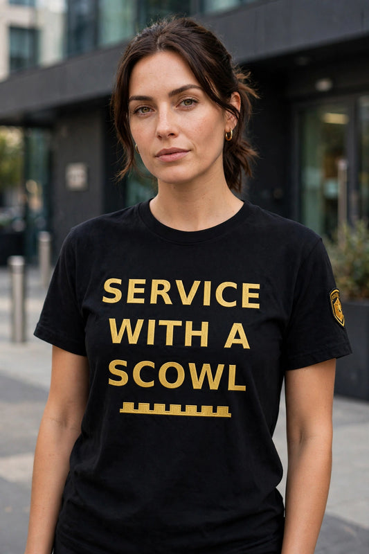 SERVICE WITH A SCOWL black t-shirt worn by a model — gold phrase text, battlements strip and sleeve insignia