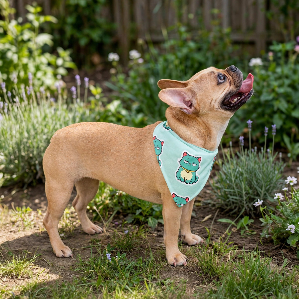 A small dog wearing the mint Scowl bandana in a garden, showing the grumpy teal cat pattern.