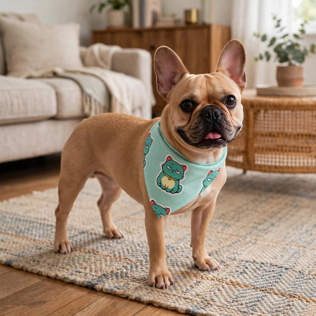 A small dog wearing the mint Scowl bandana in a living room, showing the grumpy teal cat pattern.