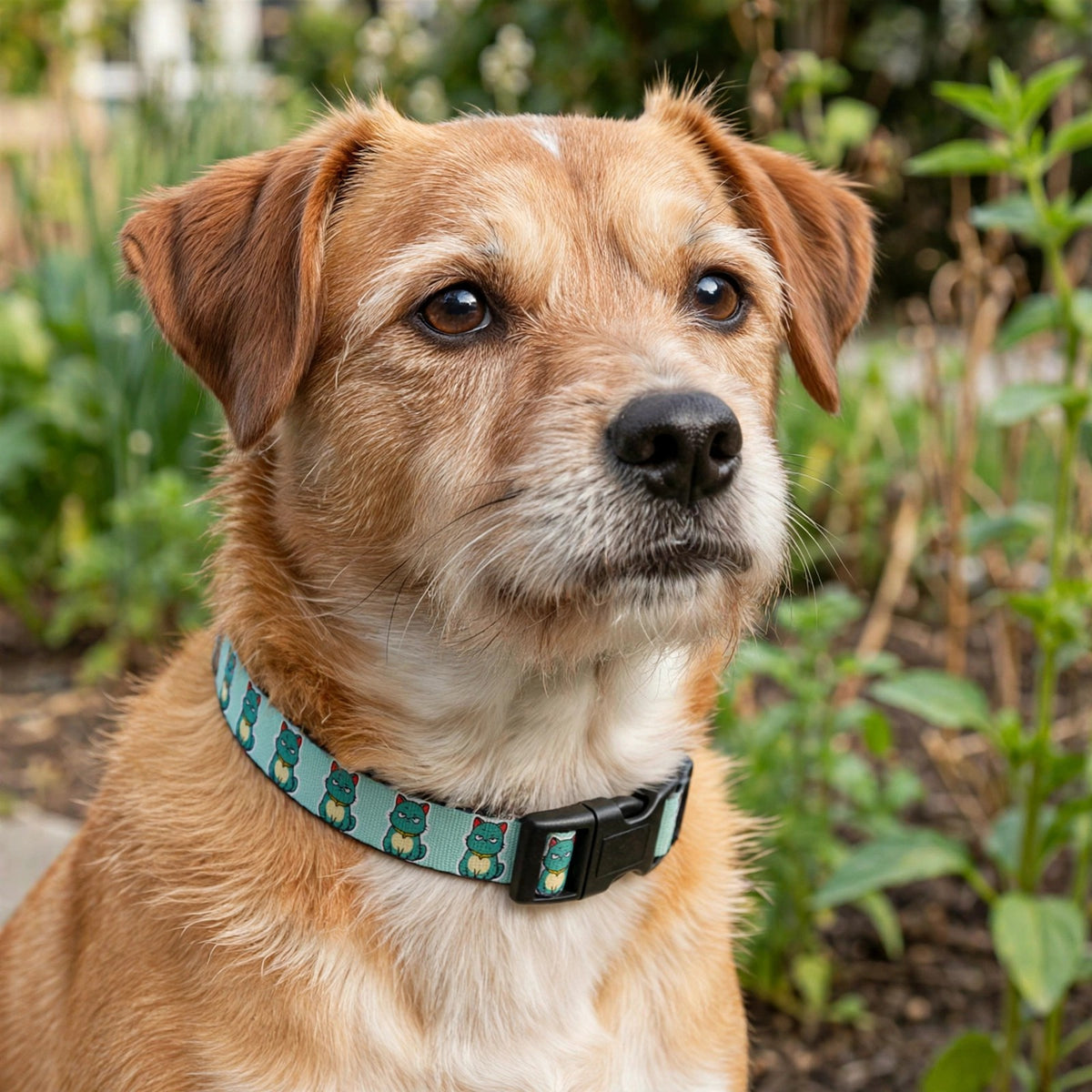 A dog wearing the mint Scowl collar in a garden, showing the grumpy teal cat pattern.