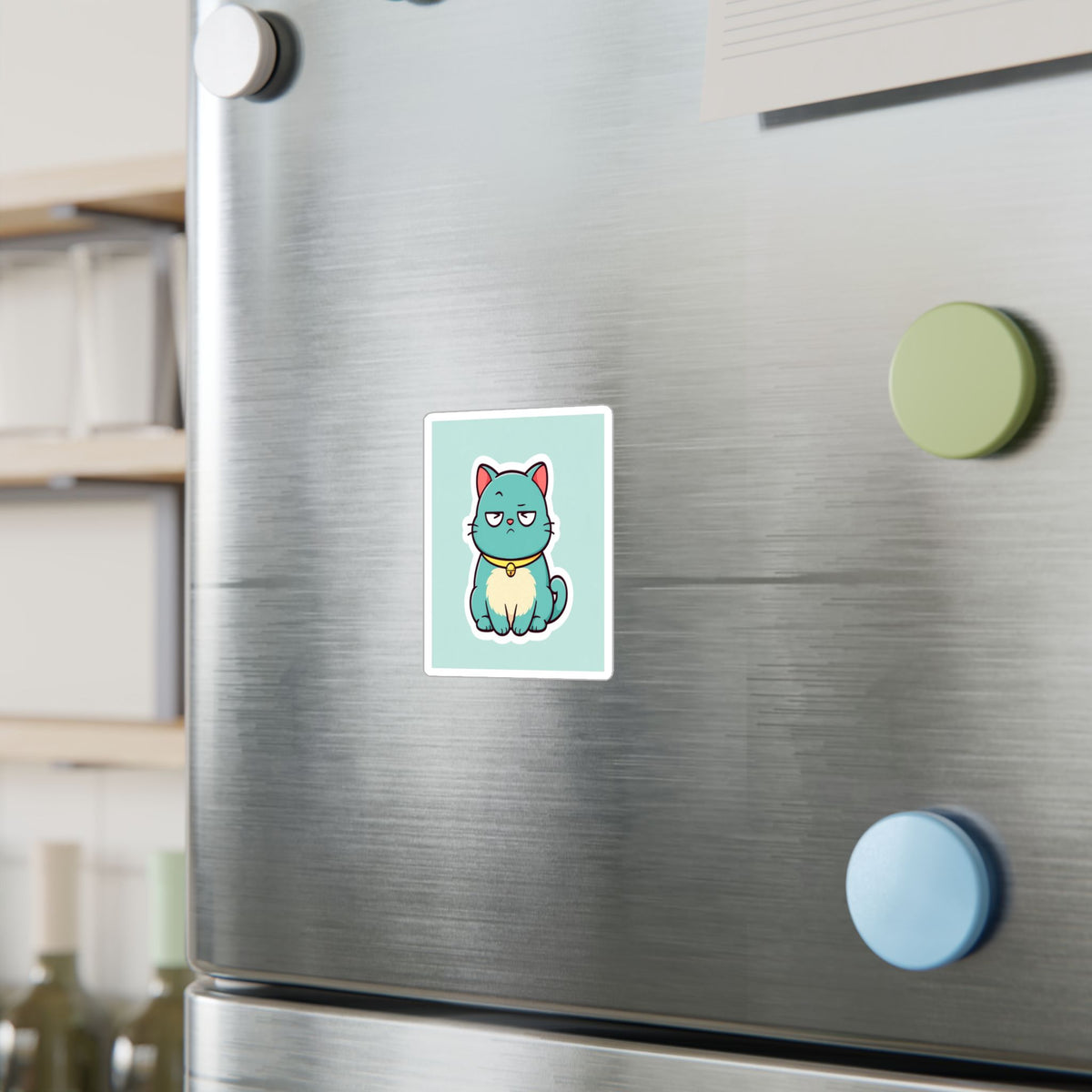 Scowl Kitty kids sticker — single kiss-cut vinyl sticker of a grumpy kitten in bright colours