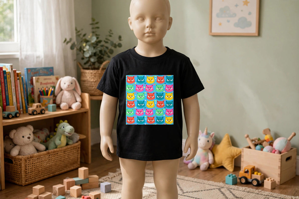Scowl Kitty toddler tee in black with a colourful grumpy cat print, worn by a child mannequin in a child's bedroom