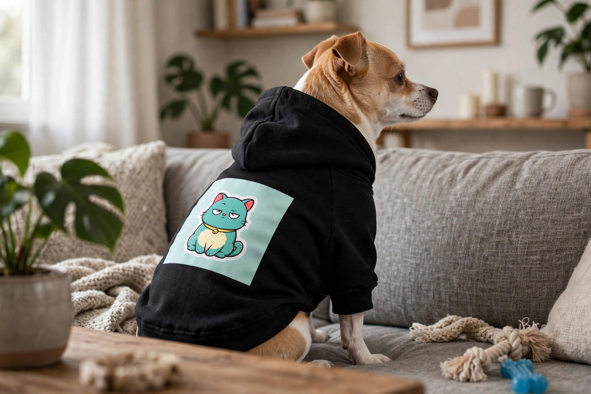 A small dog wearing the black Scowl pet hoodie on a sofa, showing the grumpy teal cat print on the back.