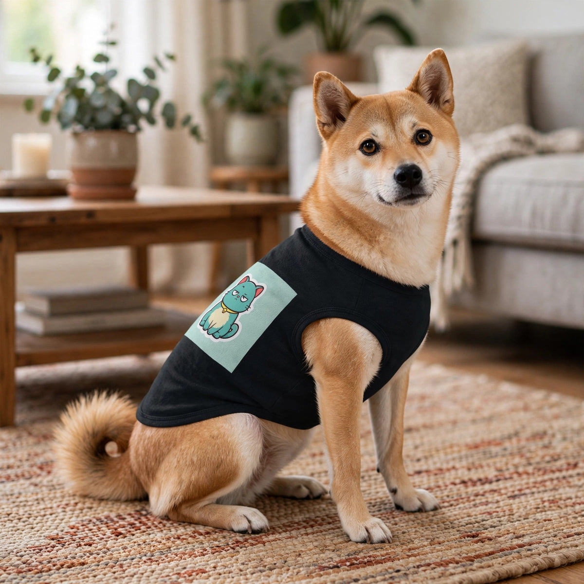 A small dog wearing the black Scowl pet tank in a living room, showing the grumpy teal cat print.